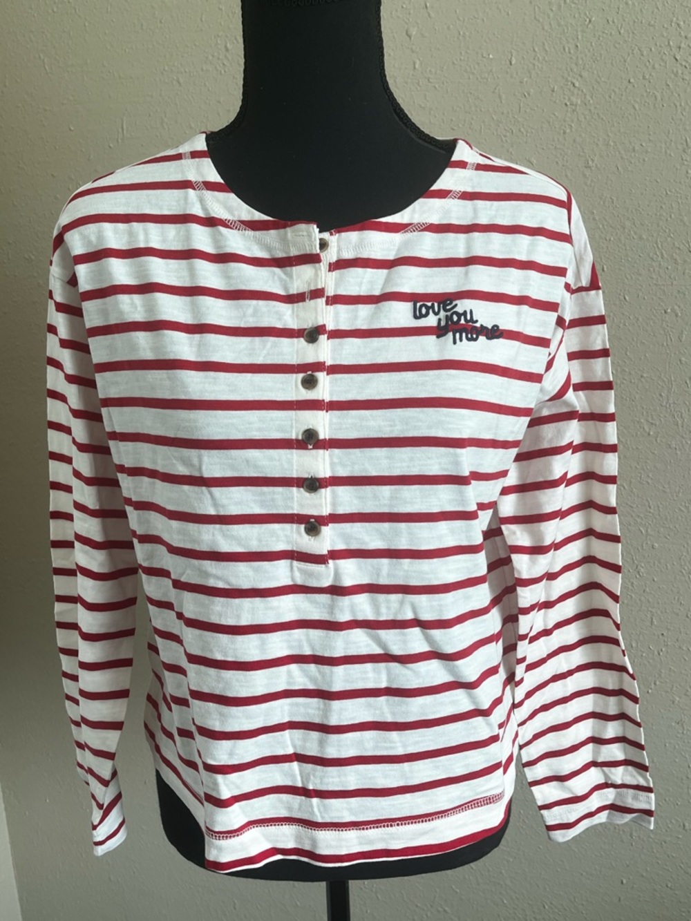 Old Navy White and Red Striped Long Sleeve Henley Tee